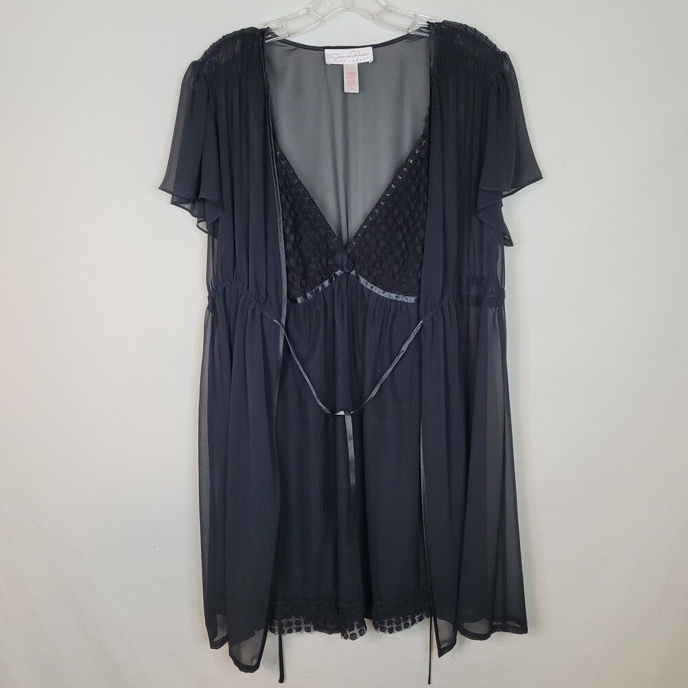 Oscar De La Renta Pink Label Black Peignoir Set Size L Robe & Baby Doll Negligee